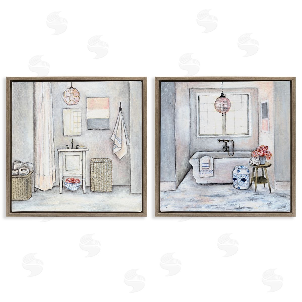 Bathroom Interior Soft Cottage Design Brown Floating Frame Canvas Wall Art, Home Decor by R. Rig