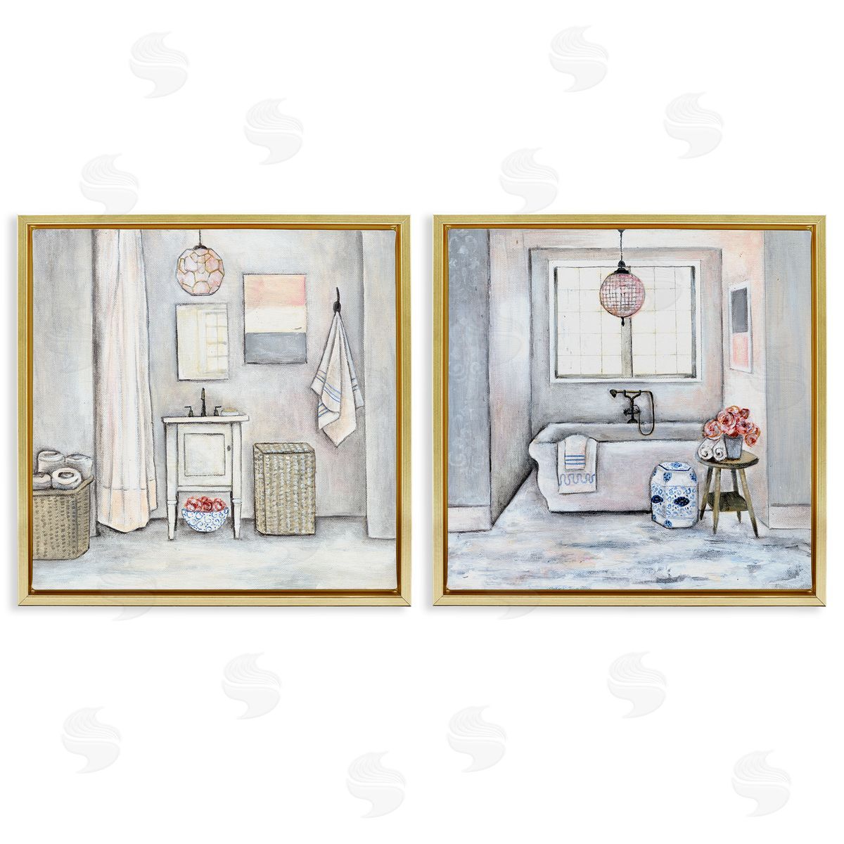 Bathroom Interior Soft Cottage Design Gold Floating Frame Canvas Wall Art, Home Decor by R. Rig