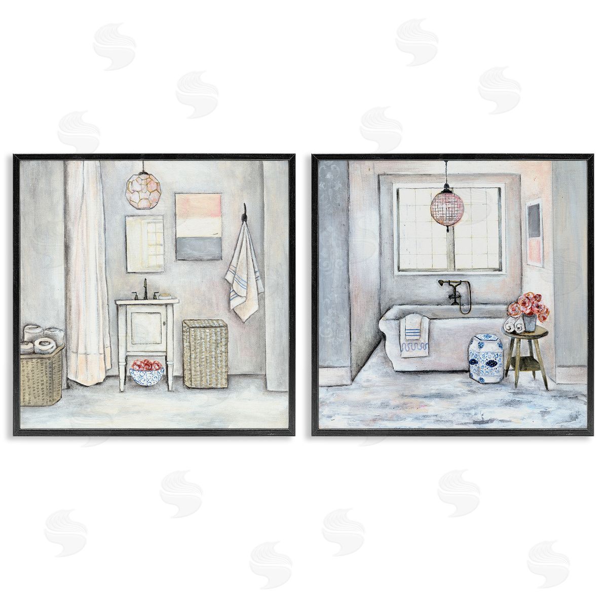 Bathroom Interior Soft Cottage Design Black Frame Print Wall Art, Home Decor by R. Rig