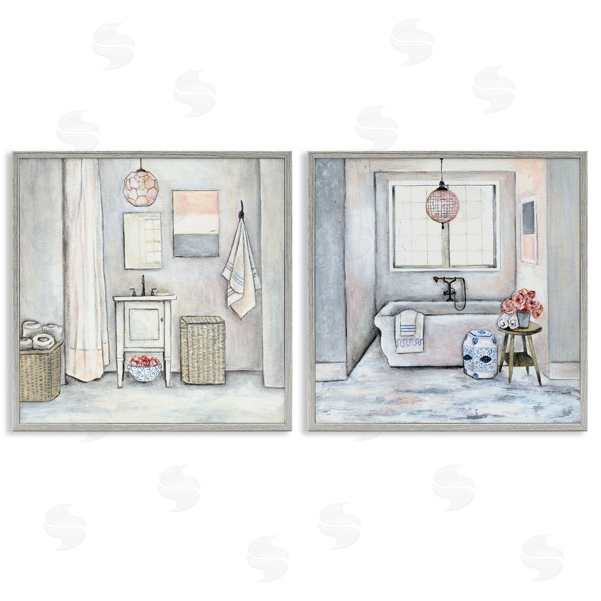 Bathroom Interior Soft Cottage Design Grey Frame Print Wall Art, Home Decor by R. Rig