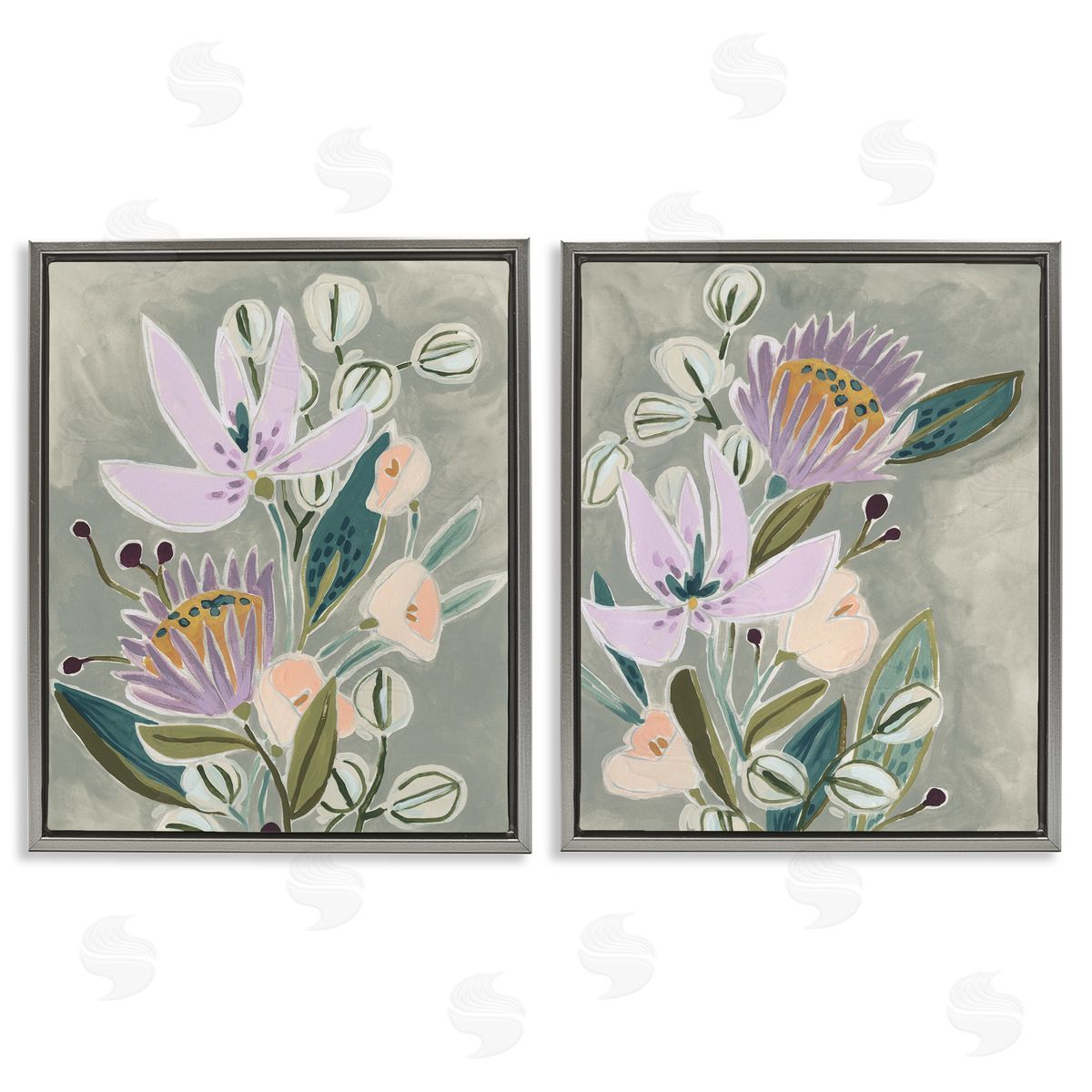 Abstract Purple Floral Arrangement Grey Floating Frame Canvas Wall Art, Home Decor by June Erica Vess
