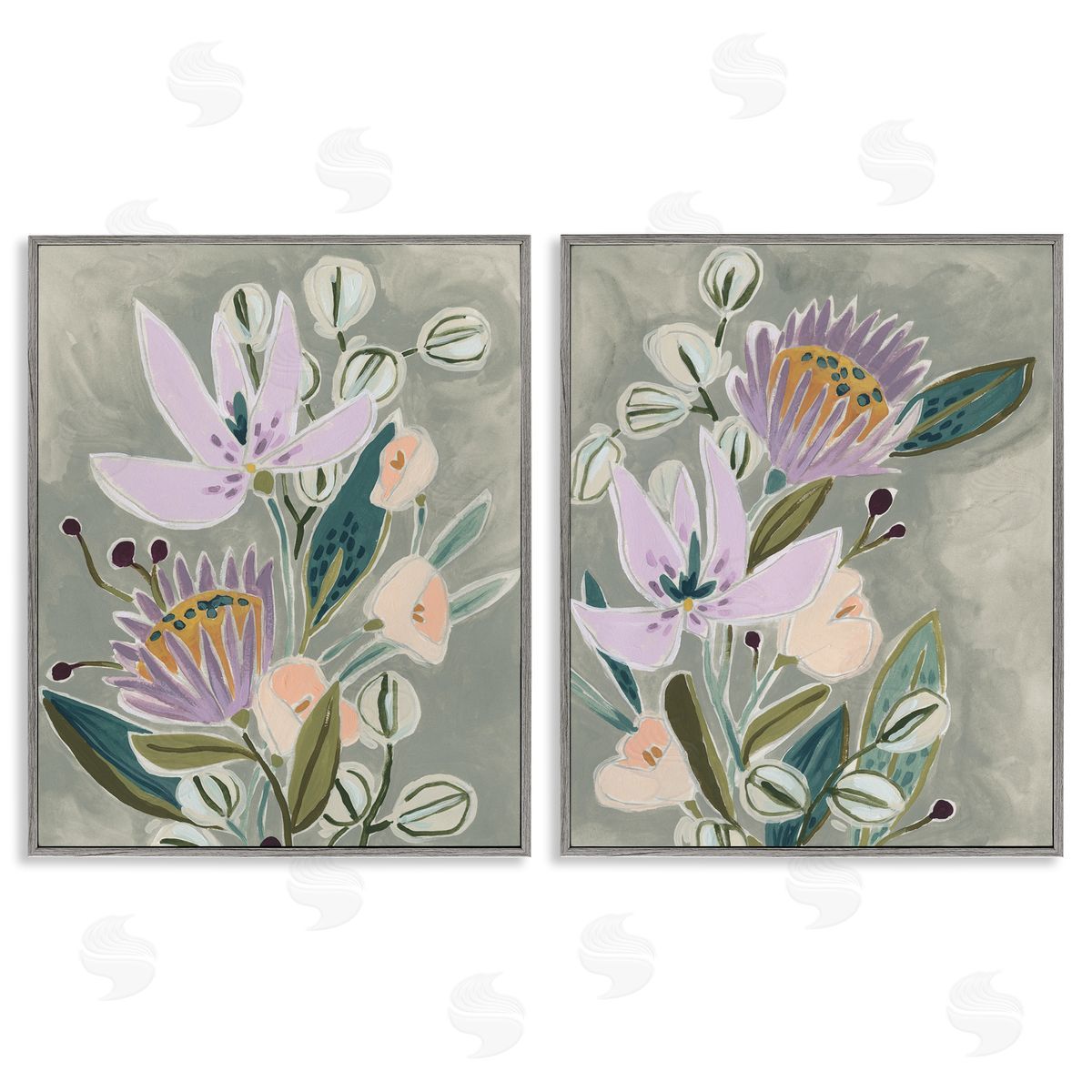 Abstract Purple Floral Arrangement Grey Frame Print Wall Art, Home Decor by June Erica Vess