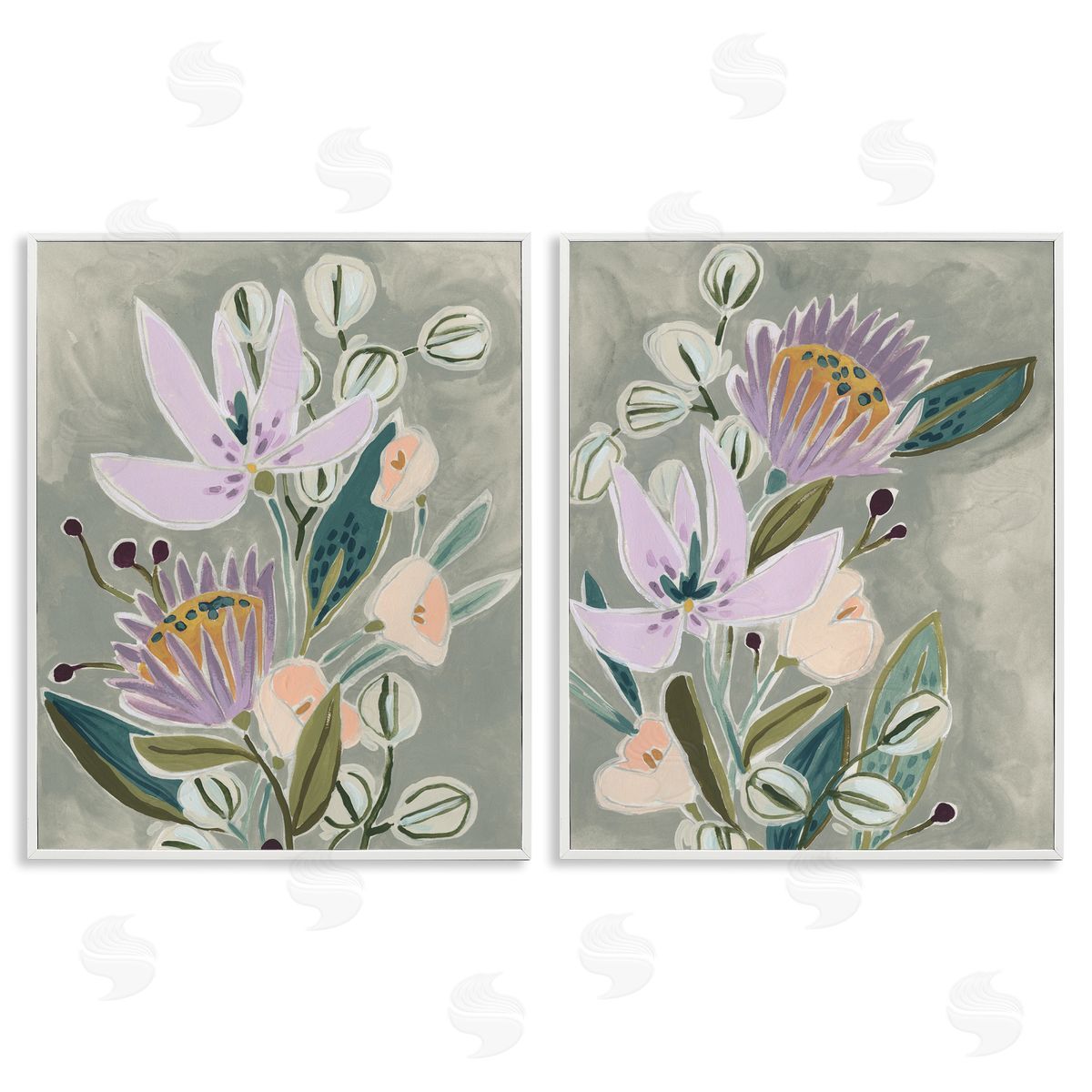 Abstract Purple Floral Arrangement White Frame Print Wall Art, Home Decor by June Erica Vess