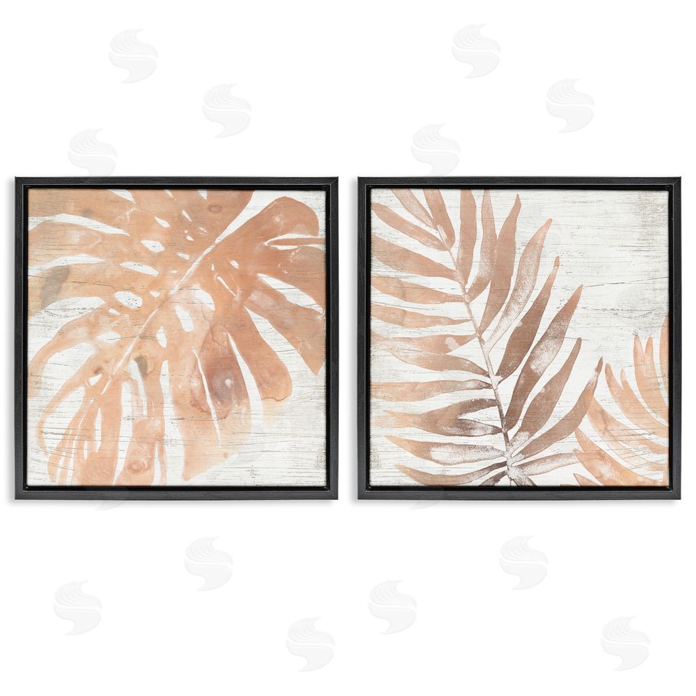 June Erica Vess Orange Palm Leaves over Distressed Pattern Black Floating Frame Canvas Wall Art Print