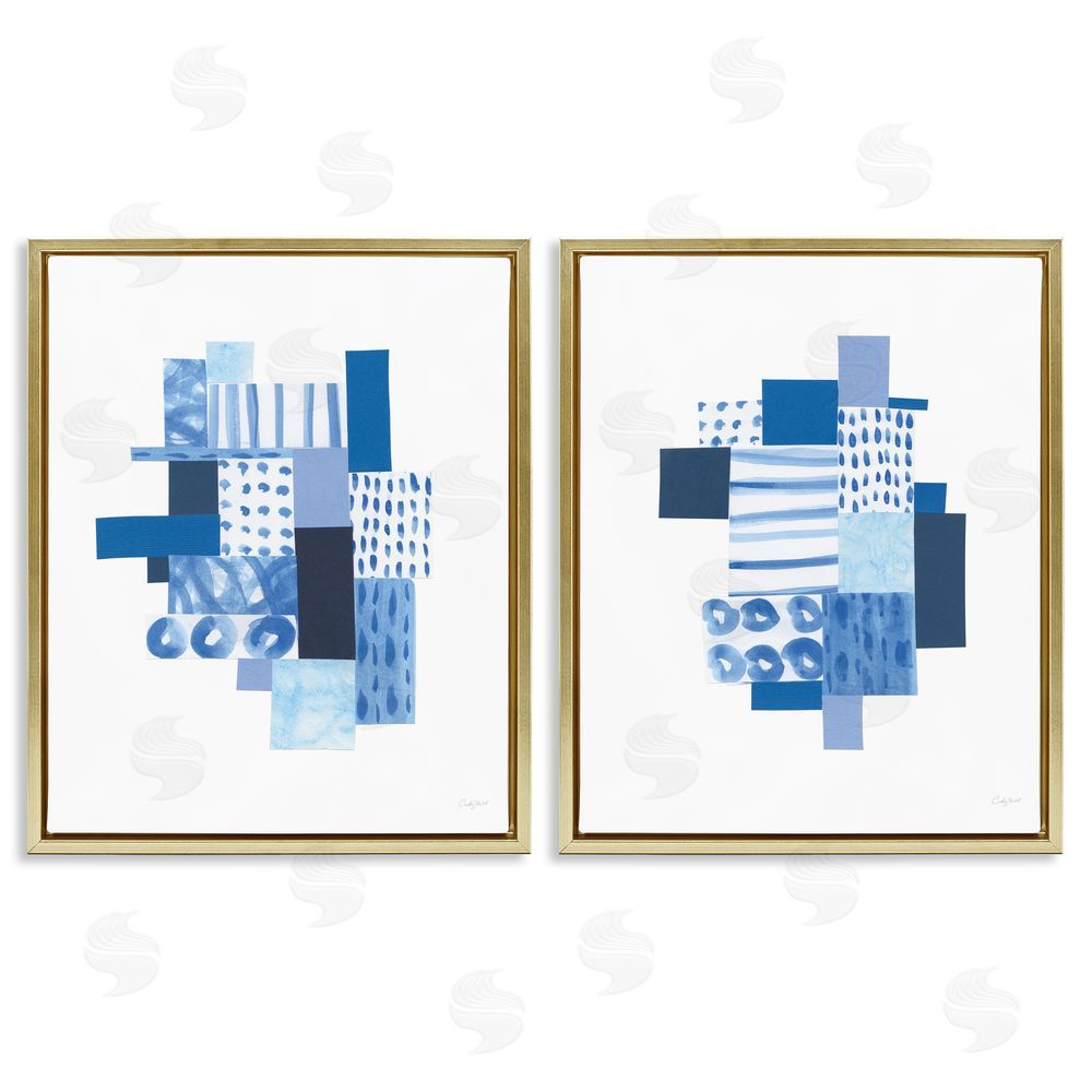 Courtney Prahl Blue Patchwork Patterns Abstract Squares Gold Floating Frame Canvas Wall Art Print
