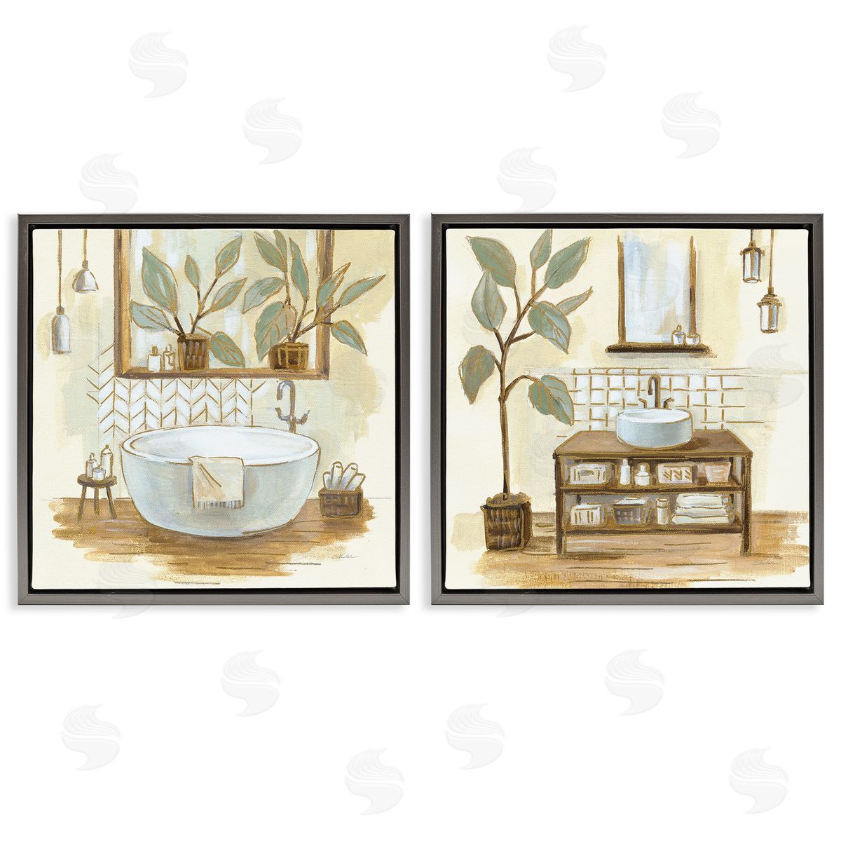 Sage Green Bathroom Interiors Grey Floating Frame Canvas Wall Art, Home Decor by Silvia Vassileva