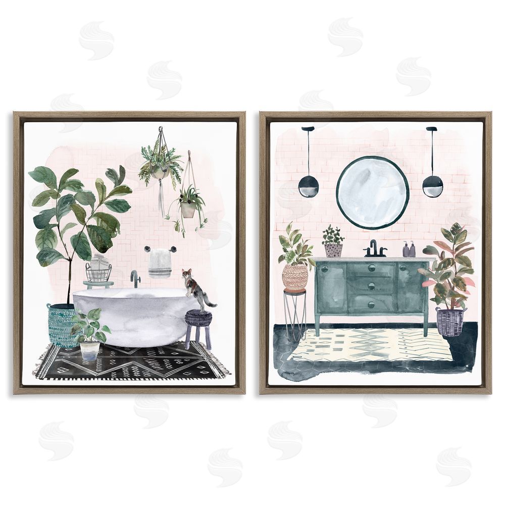 Karyn Panganiban Pink Pop Modern Bathroom Interior Brown Floating Frame Canvas Wall Art Print