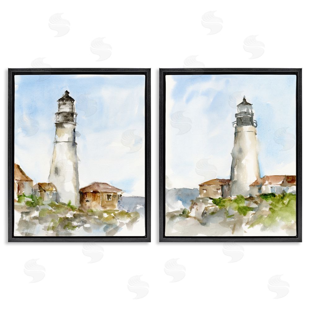 Ethan Harper Coastal Cliffside Lighthouse Study Black Floating Frame Canvas Wall Art Print