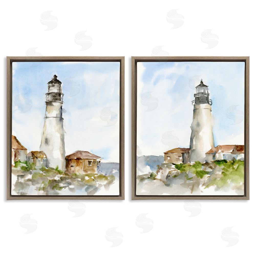 Ethan Harper Coastal Cliffside Lighthouse Study Brown Floating Frame Canvas Wall Art Print
