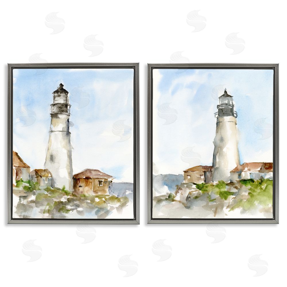 Ethan Harper Coastal Cliffside Lighthouse Study Gray Floating Frame Canvas Wall Art Print