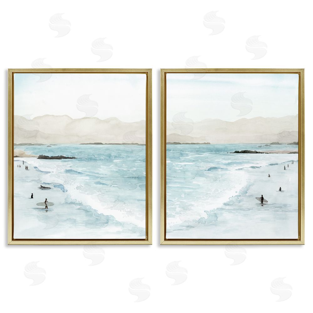 Grace Popp Coastal Surfers High Tide Soft Beach  Gold Floating Frame Canvas Wall Art Print