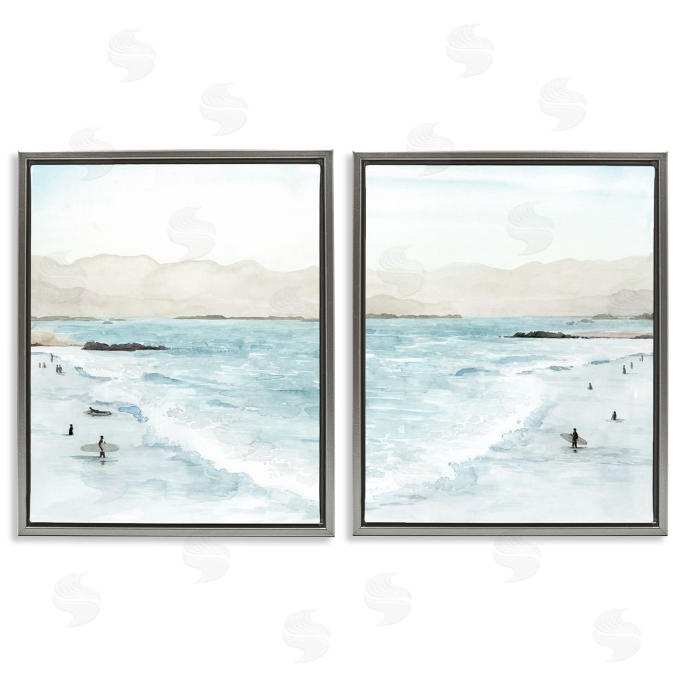 Grace Popp Coastal Surfers High Tide Soft Beach  Gray Floating Frame Canvas Wall Art Print