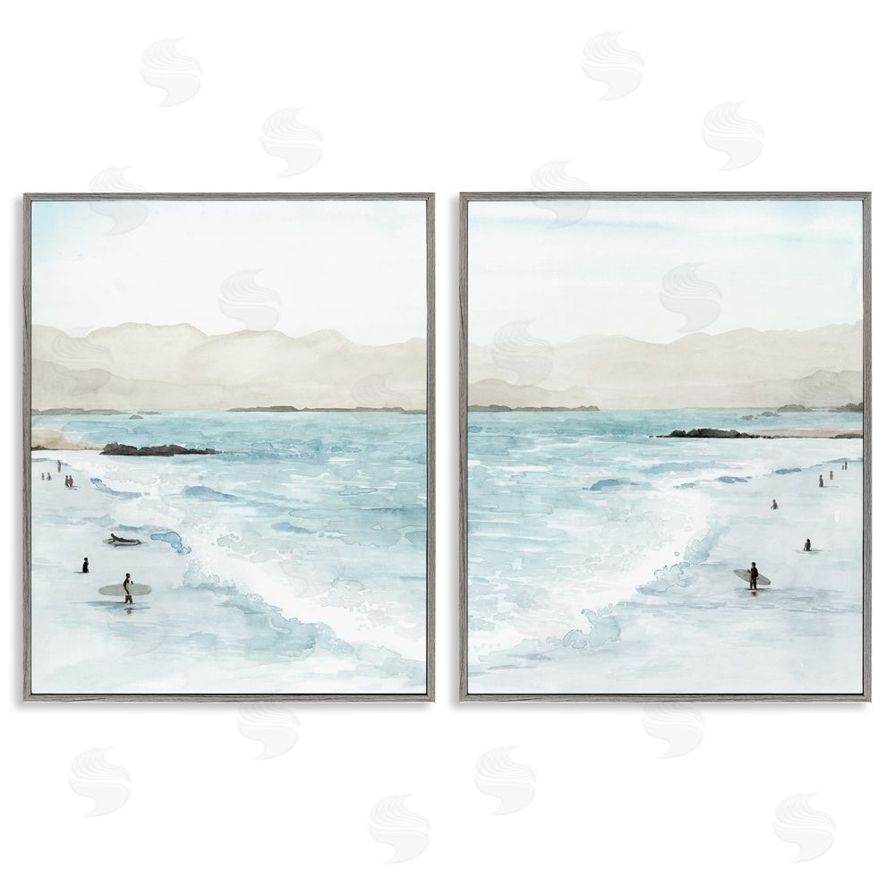 Grace Popp Coastal Surfers High Tide Soft Beach  Gray Framed Giclee Wall Art Print
