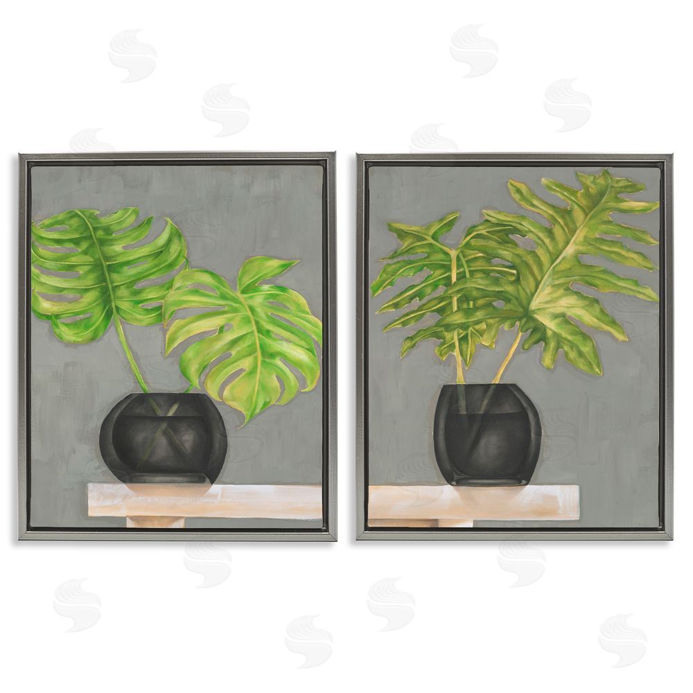Jennifer Goldberger Tropical Plant Fronds Monstera Interior Gray Floating Frame Canvas Wall Art Print
