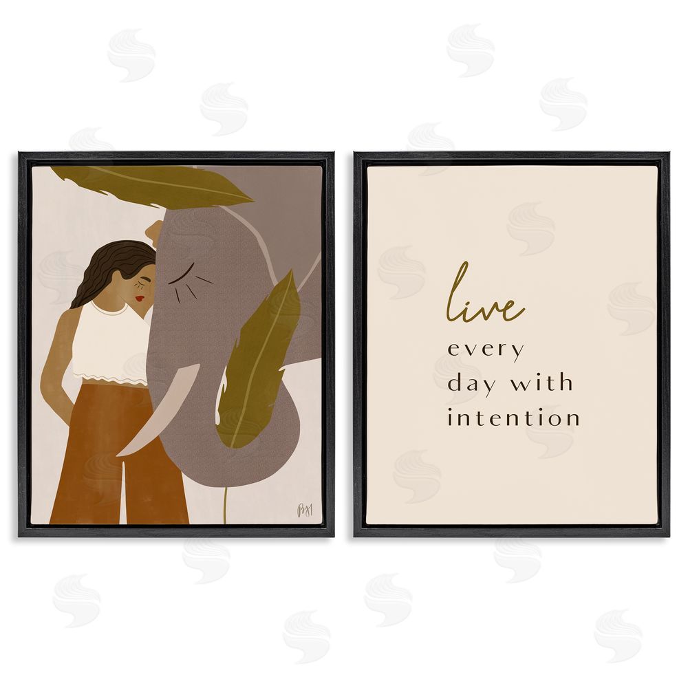 Birch & Ink Everyday with Intention Woman & Elephant Black Floating Frame Canvas Wall Art Print