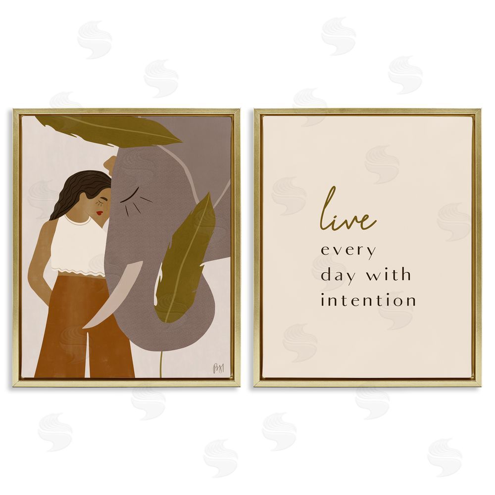 Birch & Ink Everyday with Intention Woman & Elephant Gold Floating Frame Canvas Wall Art Print