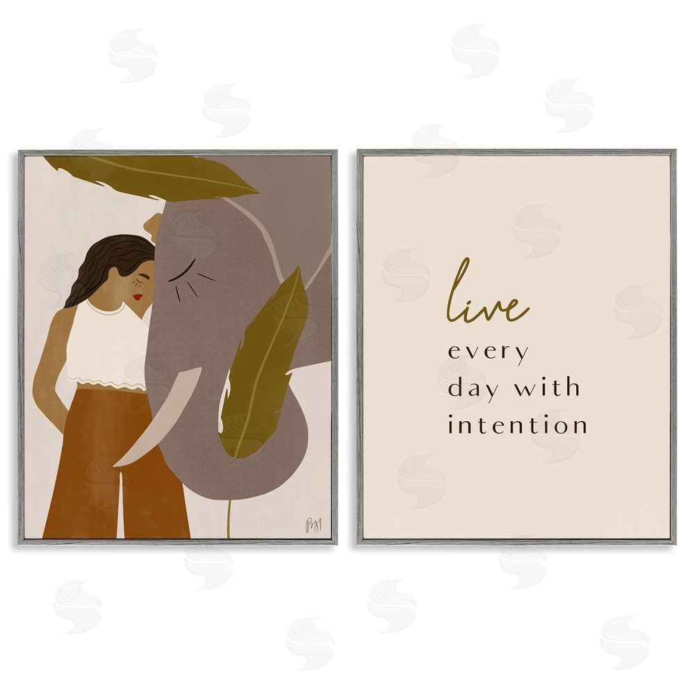 Birch & Ink Everyday with Intention Woman & Elephant Gray Framed Giclee Wall Art Print