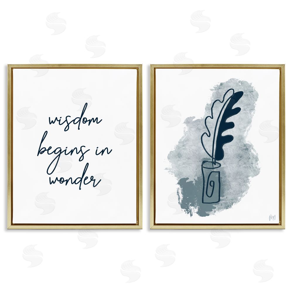 Birch & Ink Wisdom Begins in Wonder Blue Ink Quill Gold Floating Frame Canvas Wall Art Print
