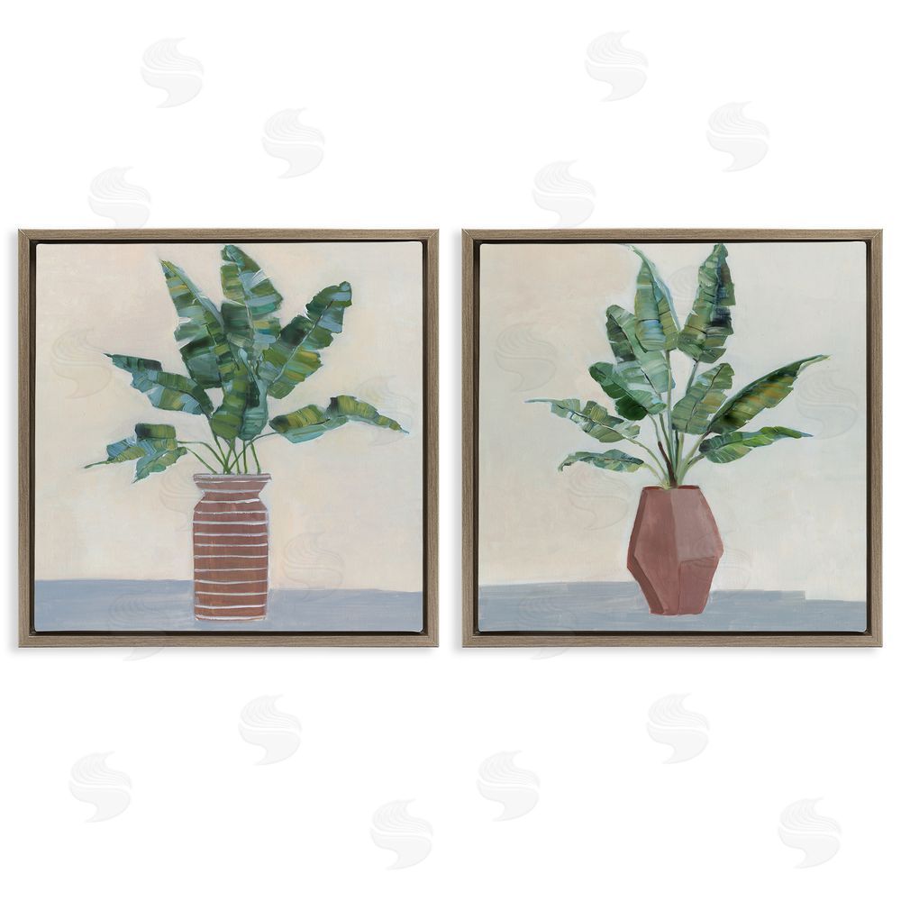 Sally Swatland Green Palm Frond Plants Still Life Brown Floating Frame Canvas Wall Art Print