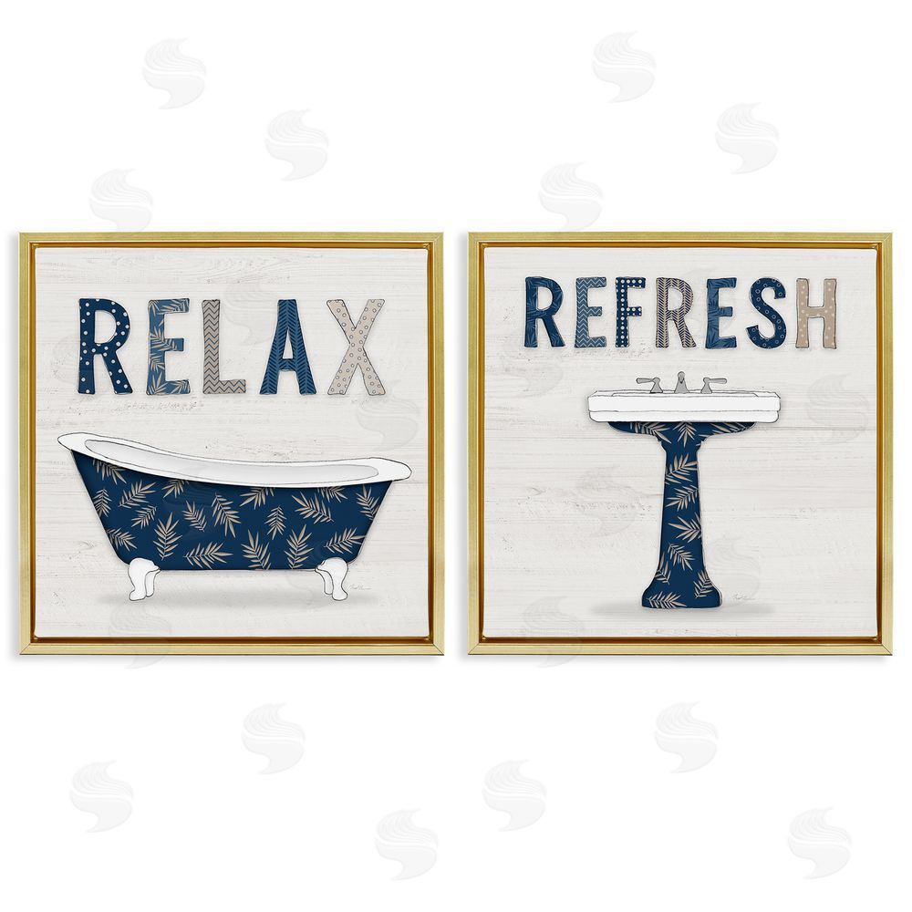 Natalie Carpentieri Relax Refresh Bathroom Phrases Gold Floating Frame Canvas Wall Art Print