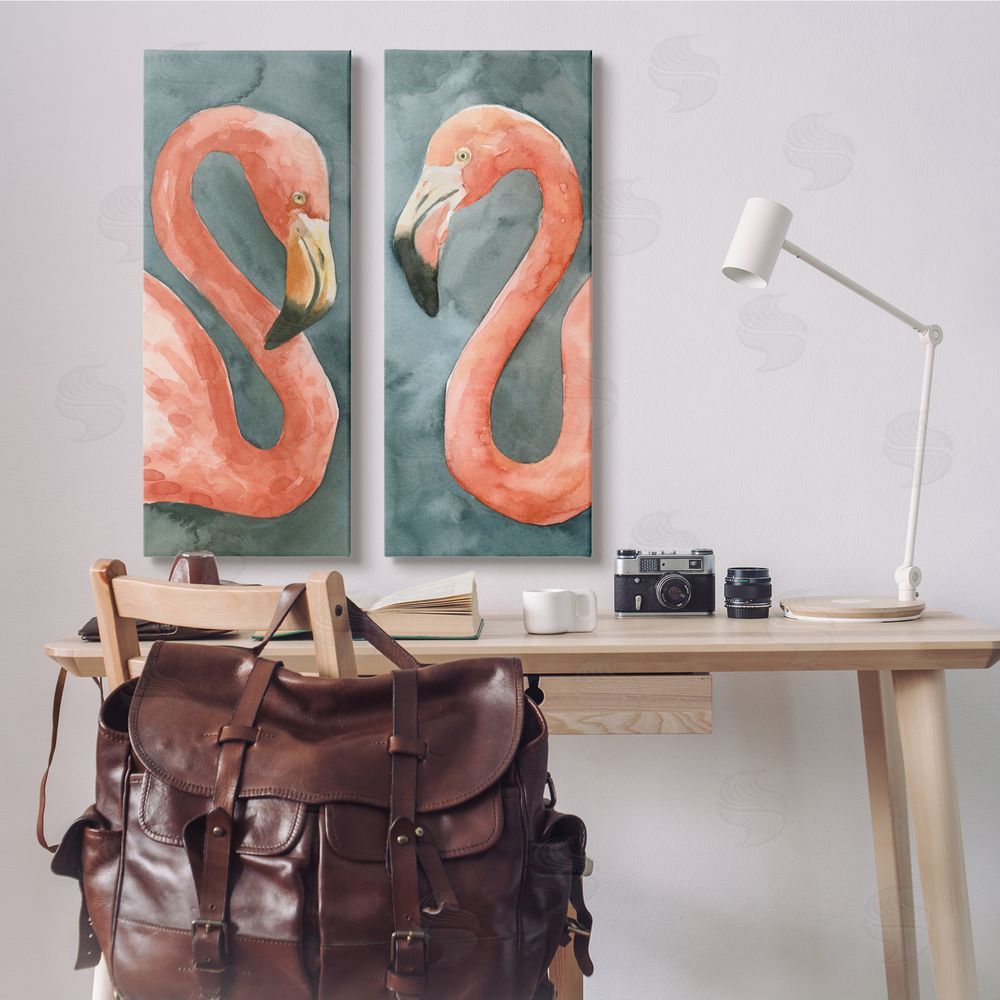 Emma Caroline Watercolor Pink Flamingo Pair Watercolor Canvas Wall Art Print in Room
