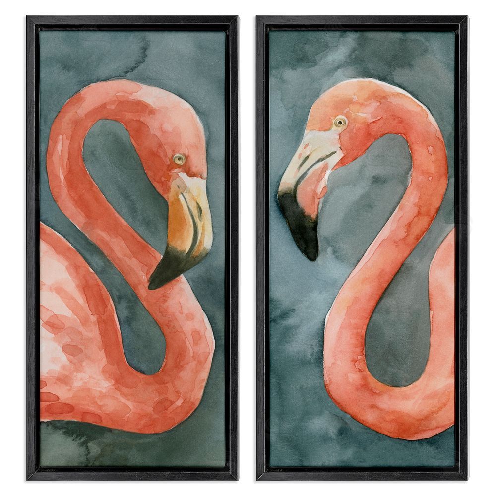 Emma Caroline Watercolor Pink Flamingo Pair Watercolor Black Floating Frame Canvas Wall Art Print