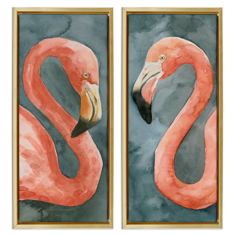 Emma Caroline Watercolor Pink Flamingo Pair Watercolor Gold Floating Frame Canvas Wall Art Print