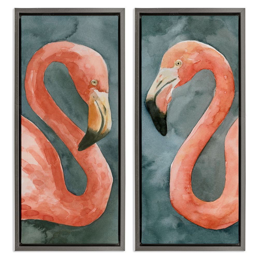 Emma Caroline Watercolor Pink Flamingo Pair Watercolor Gray Floating Frame Canvas Wall Art Print