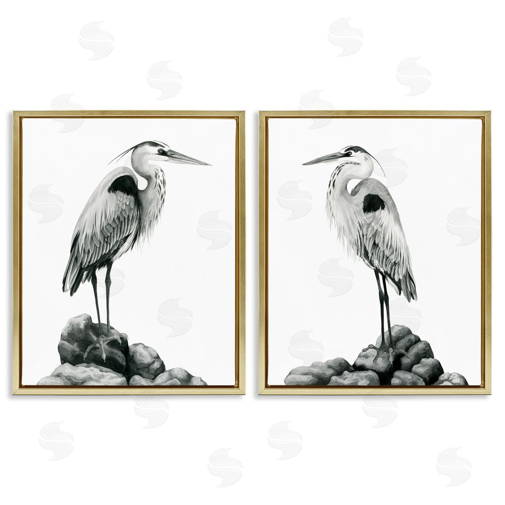 Grace Popp Great Herons Standing Rocks Bird Portraits Gold Floating Frame Canvas Wall Art Print