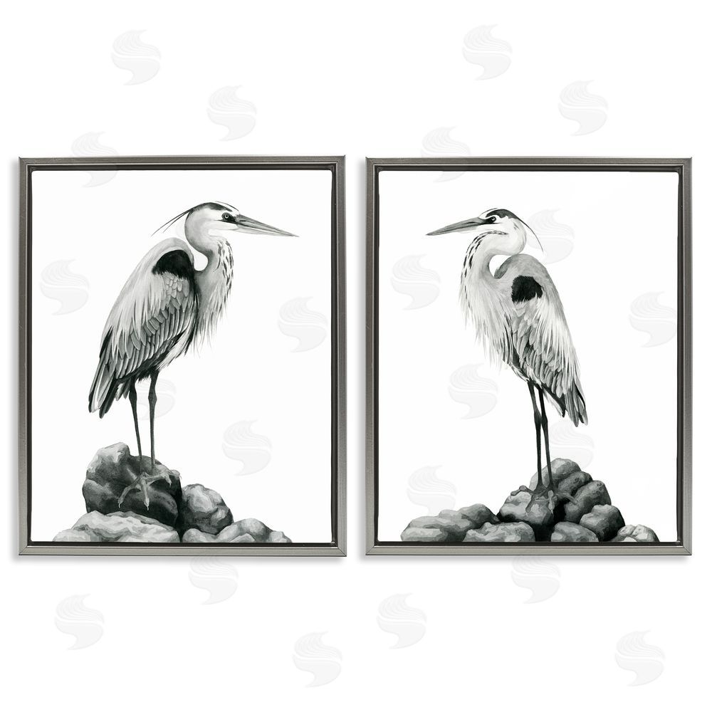 Grace Popp Great Herons Standing Rocks Bird Portraits Gray Floating Frame Canvas Wall Art Print