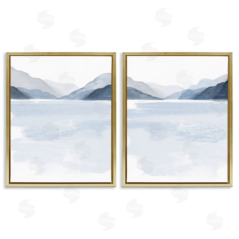 Victoria Barnes Coastal Mountain Range Landscape Soft Watercolor Gold Floating Frame Canvas Wall Art Print