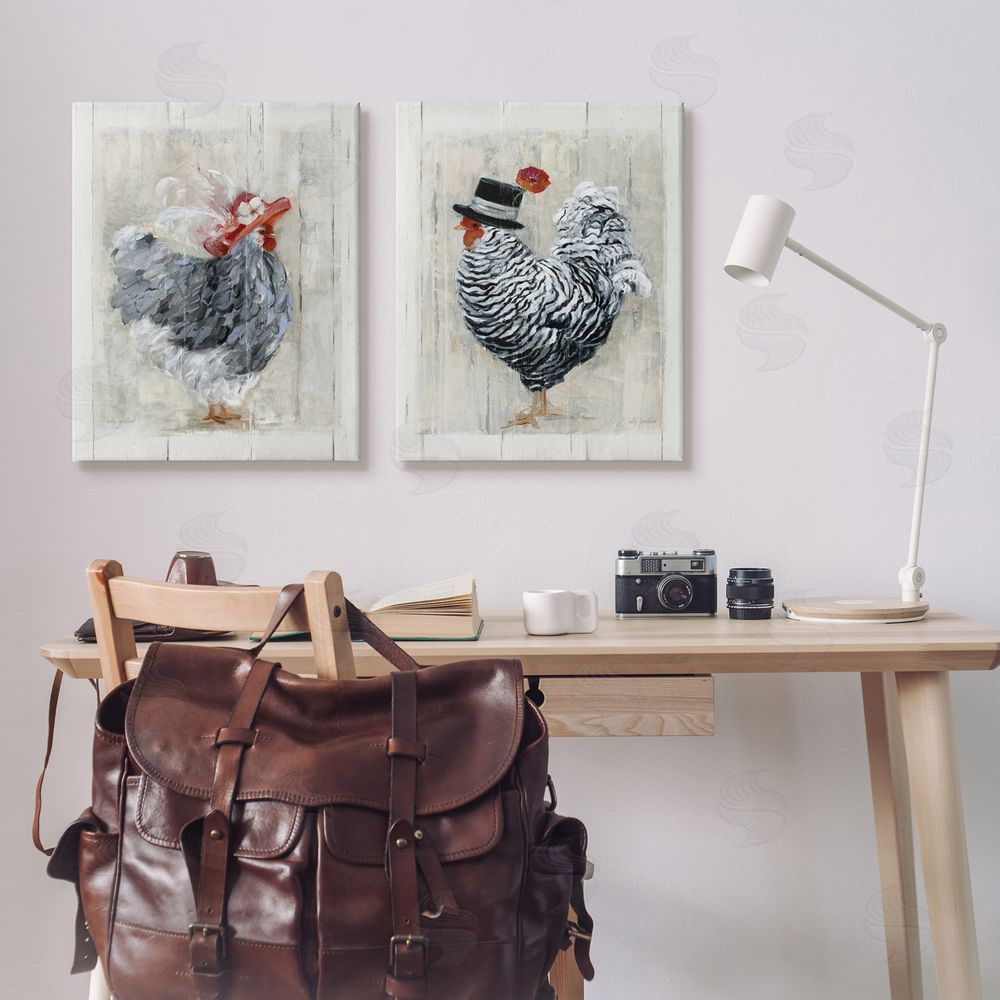 Sally Swatland Farm Rooster and Hen Vintage Birds Brim Hats Canvas Wall Art Print in Room