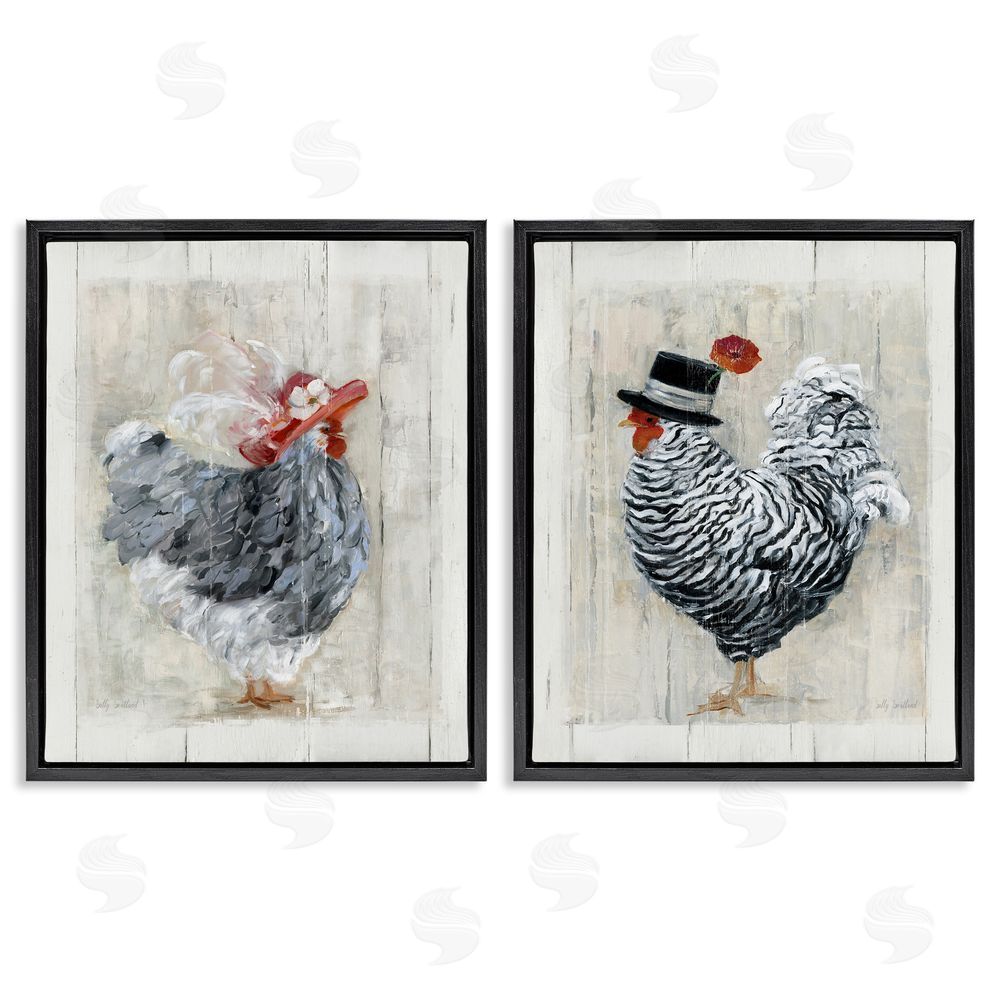 Sally Swatland Farm Rooster and Hen Vintage Birds Brim Hats Black Floating Frame Canvas Wall Art Print