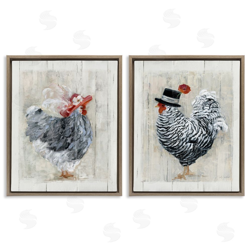 Sally Swatland Farm Rooster and Hen Vintage Birds Brim Hats Brown Floating Frame Canvas Wall Art Print