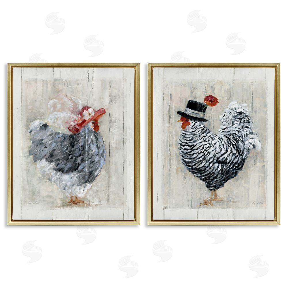 Sally Swatland Farm Rooster and Hen Vintage Birds Brim Hats Gold Floating Frame Canvas Wall Art Print
