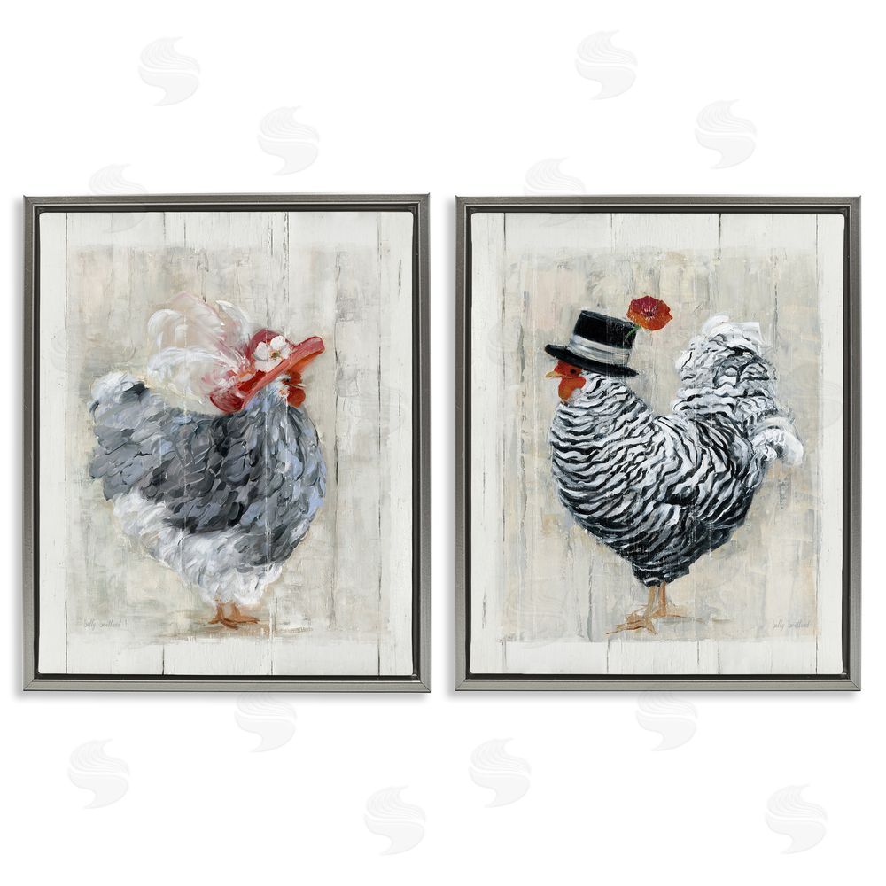 Sally Swatland Farm Rooster and Hen Vintage Birds Brim Hats Gray Floating Frame Canvas Wall Art Print