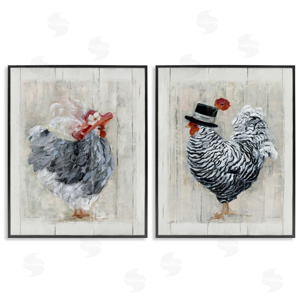 Sally Swatland Farm Rooster and Hen Vintage Birds Brim Hats Black Framed Giclee Wall Art Print