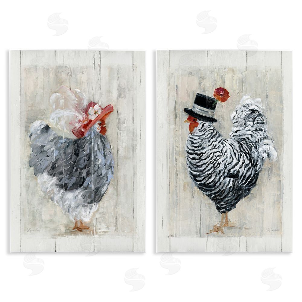 Sally Swatland Farm Rooster and Hen Vintage Birds Brim Hats Wooden Wall Plaque Art Print