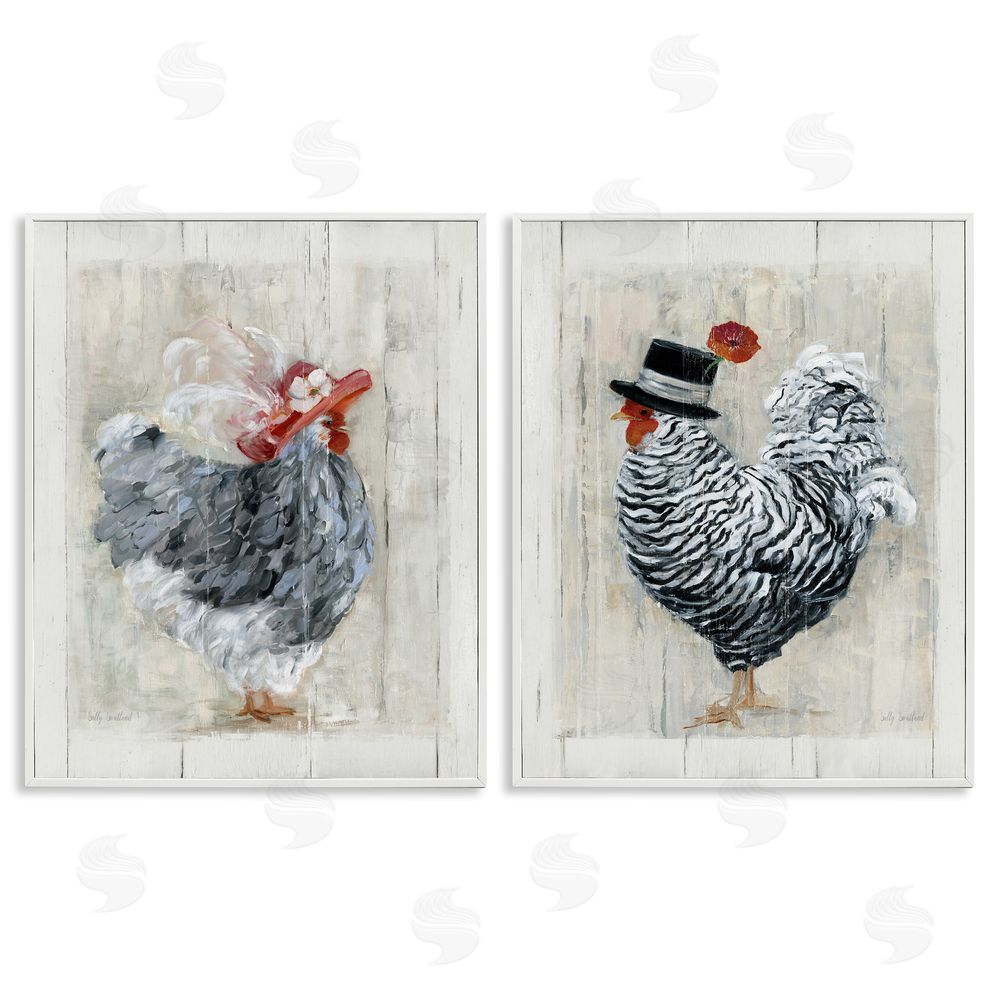 Sally Swatland Farm Rooster and Hen Vintage Birds Brim Hats White Framed Giclee Wall Art Print