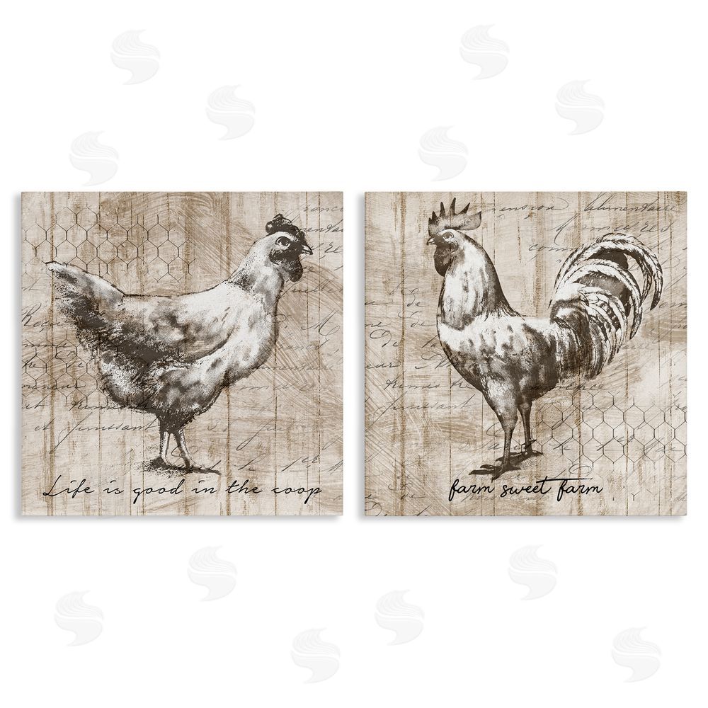 Conrad Knutsen Rustic Hen Rooster Illustration Life is Good Phrases Canvas Wall Art Print