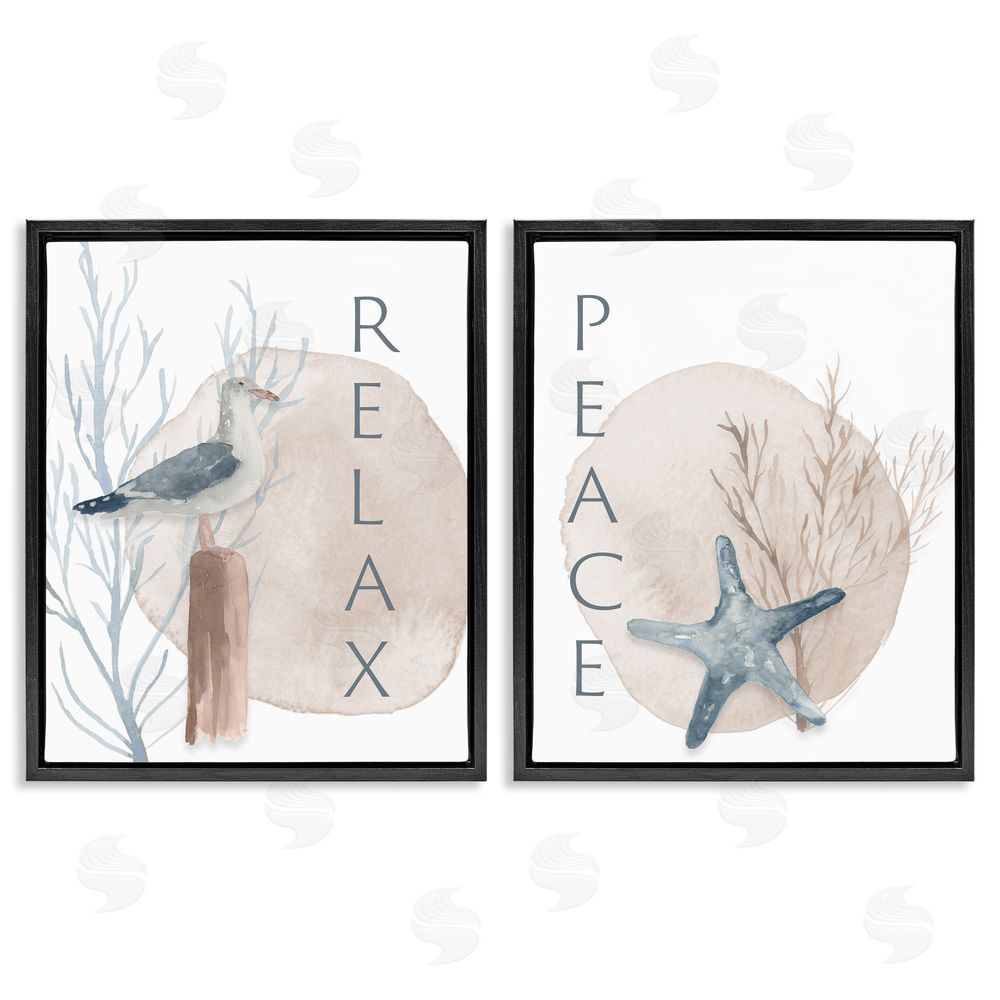 Lucille Price Nautical Seagull Starfish Peace Relax Tranquility Black Floating Frame Canvas Wall Art Print