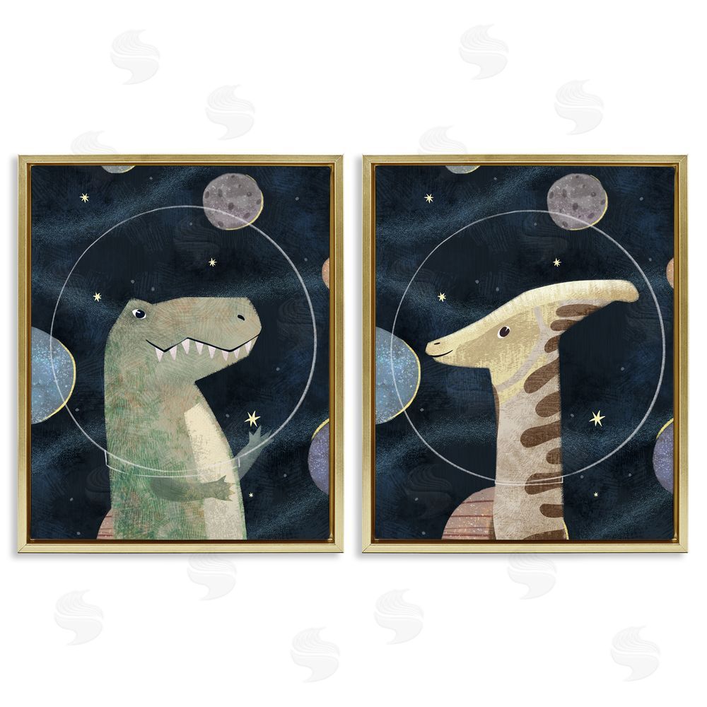 Ziwei Li Astronaut Dinosaurs Fantasy Planet Reptiles Gold Floating Frame Canvas Wall Art Print