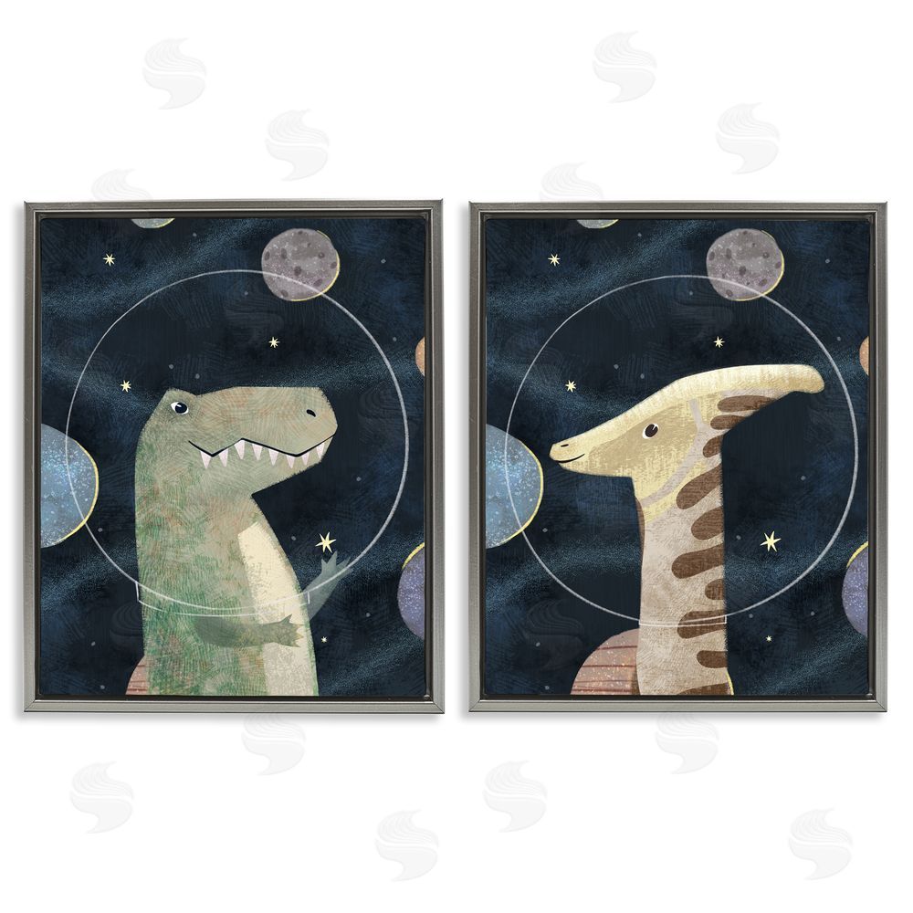 Ziwei Li Astronaut Dinosaurs Fantasy Planet Reptiles Gray Floating Frame Canvas Wall Art Print