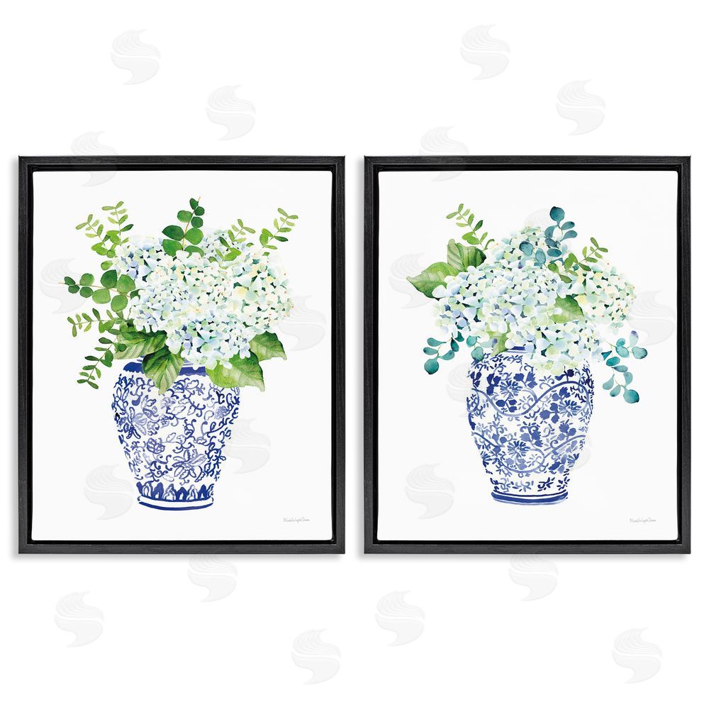 Mercedes Lopez Charro Blue Floral Bouquets Lush Green Botanicals Black Floating Frame Canvas Wall Art Print