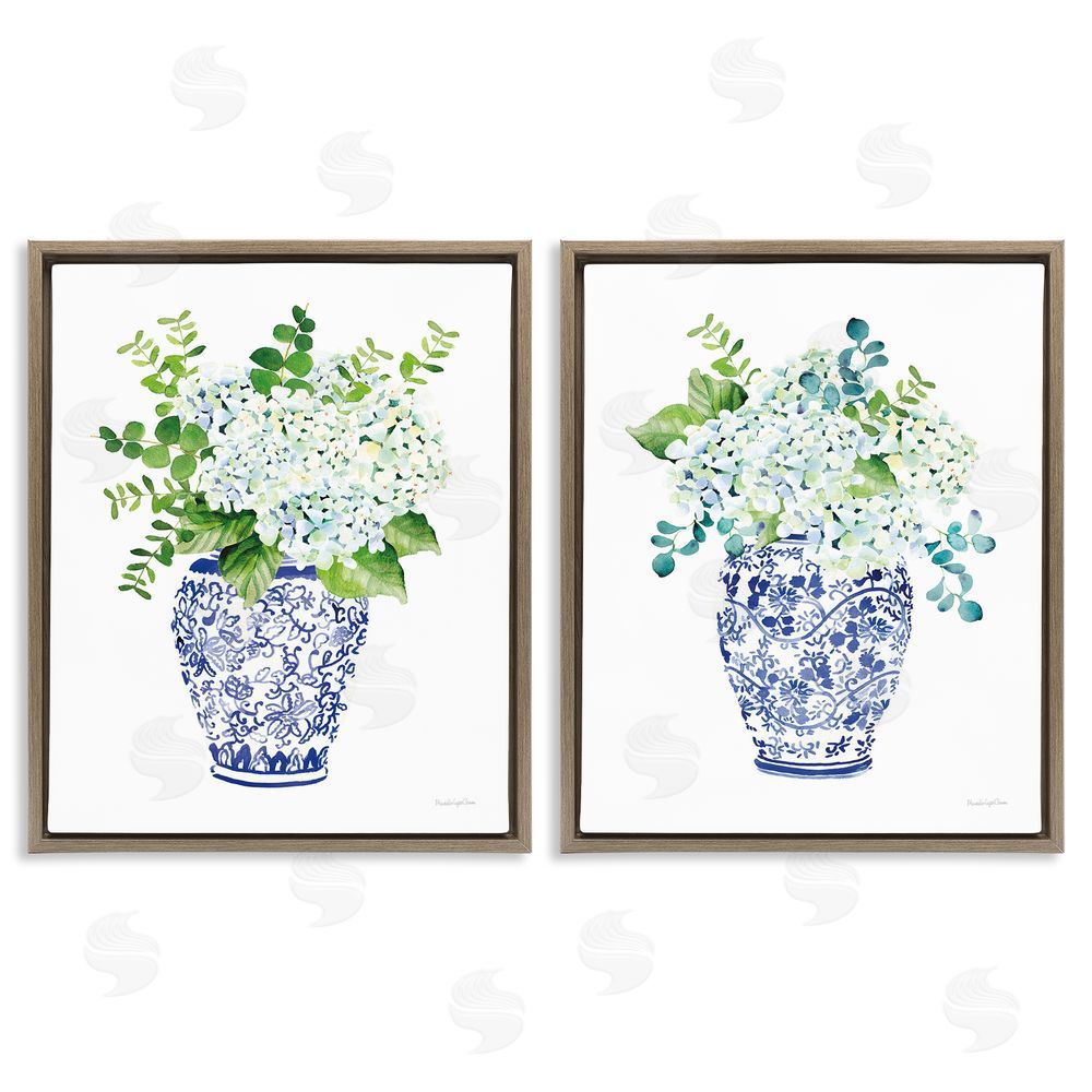Mercedes Lopez Charro Blue Floral Bouquets Lush Green Botanicals Brown Floating Frame Canvas Wall Art Print