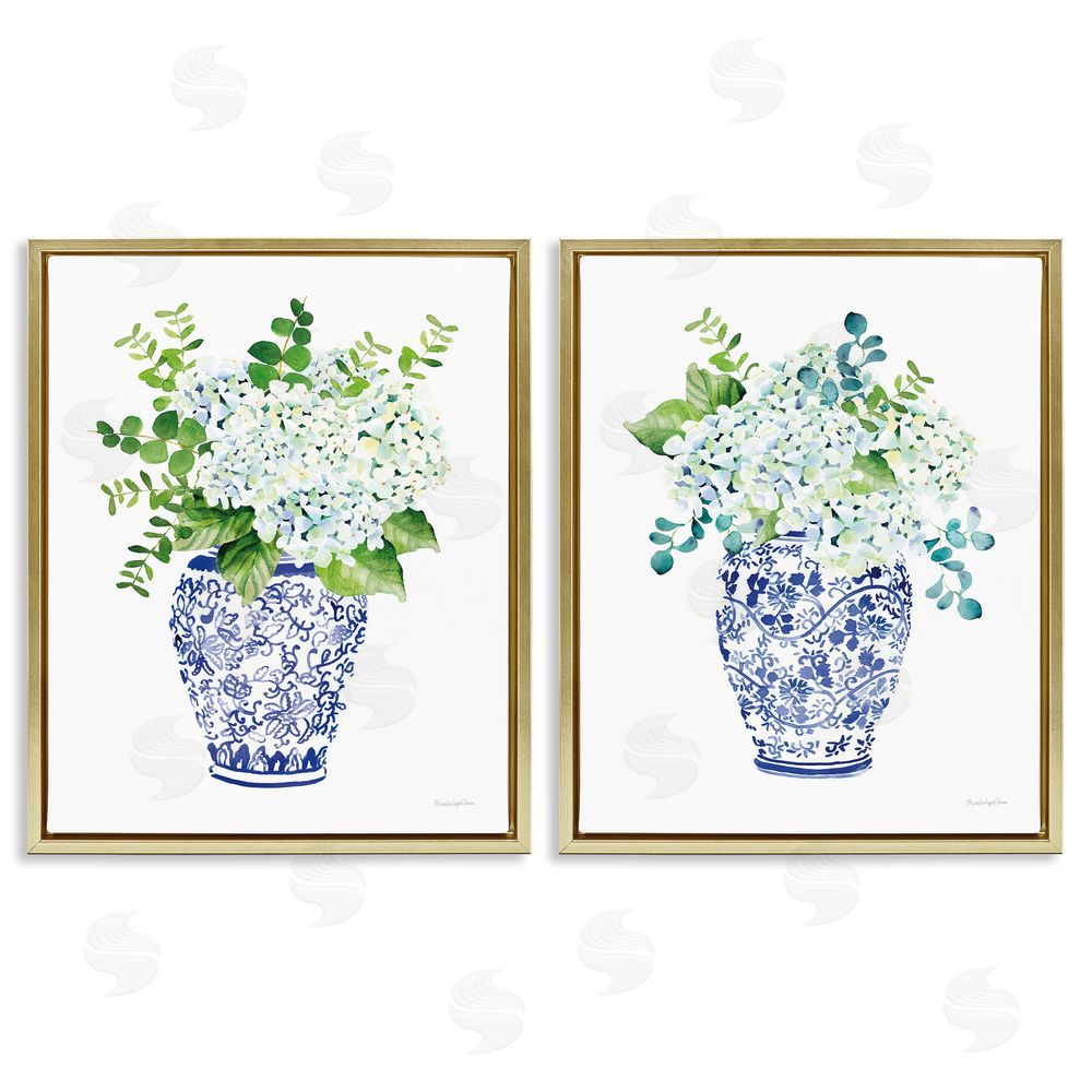 Mercedes Lopez Charro Blue Floral Bouquets Lush Green Botanicals Gold Floating Frame Canvas Wall Art Print