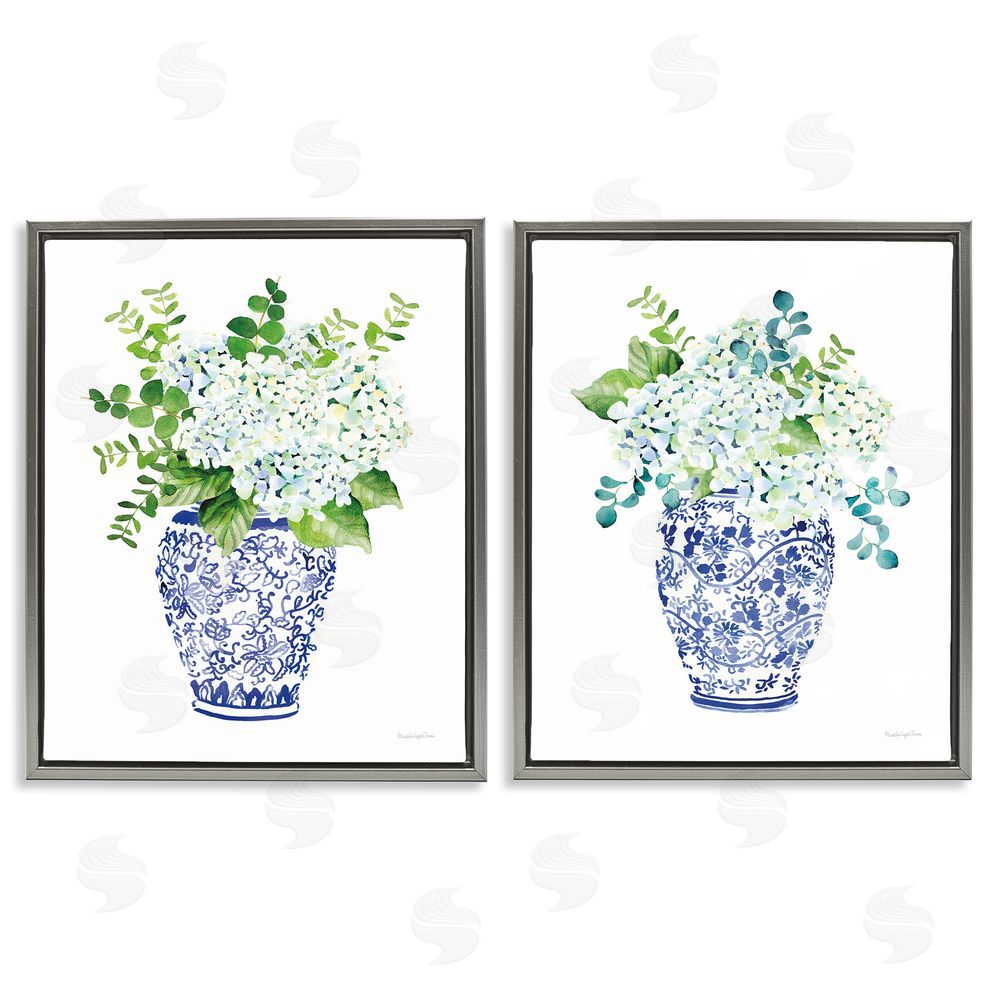 Mercedes Lopez Charro Blue Floral Bouquets Lush Green Botanicals Gray Floating Frame Canvas Wall Art Print
