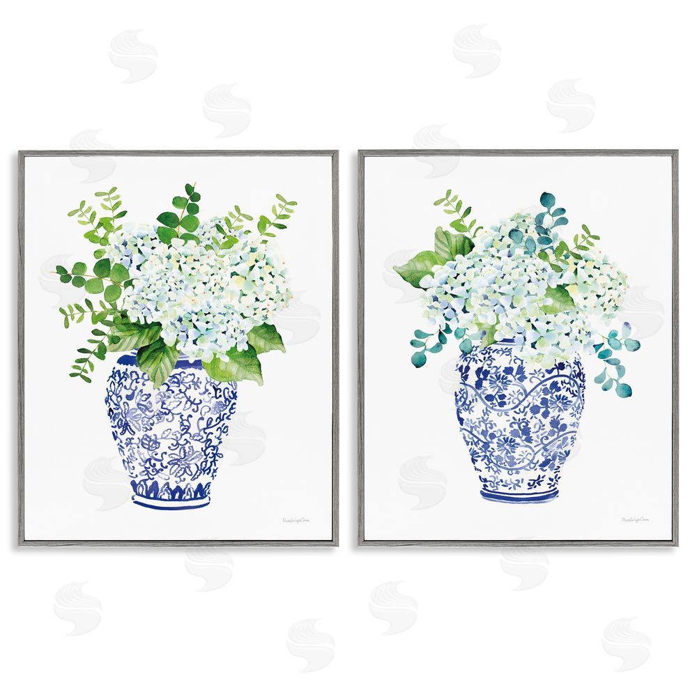 Mercedes Lopez Charro Blue Floral Bouquets Lush Green Botanicals Gray Framed Giclee Wall Art Print