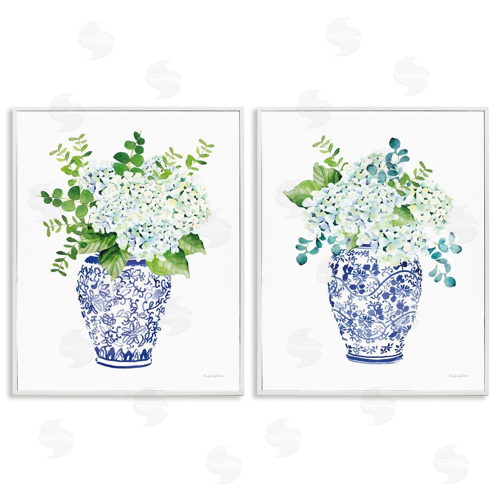 Mercedes Lopez Charro Blue Floral Bouquets Lush Green Botanicals White Framed Giclee Wall Art Print