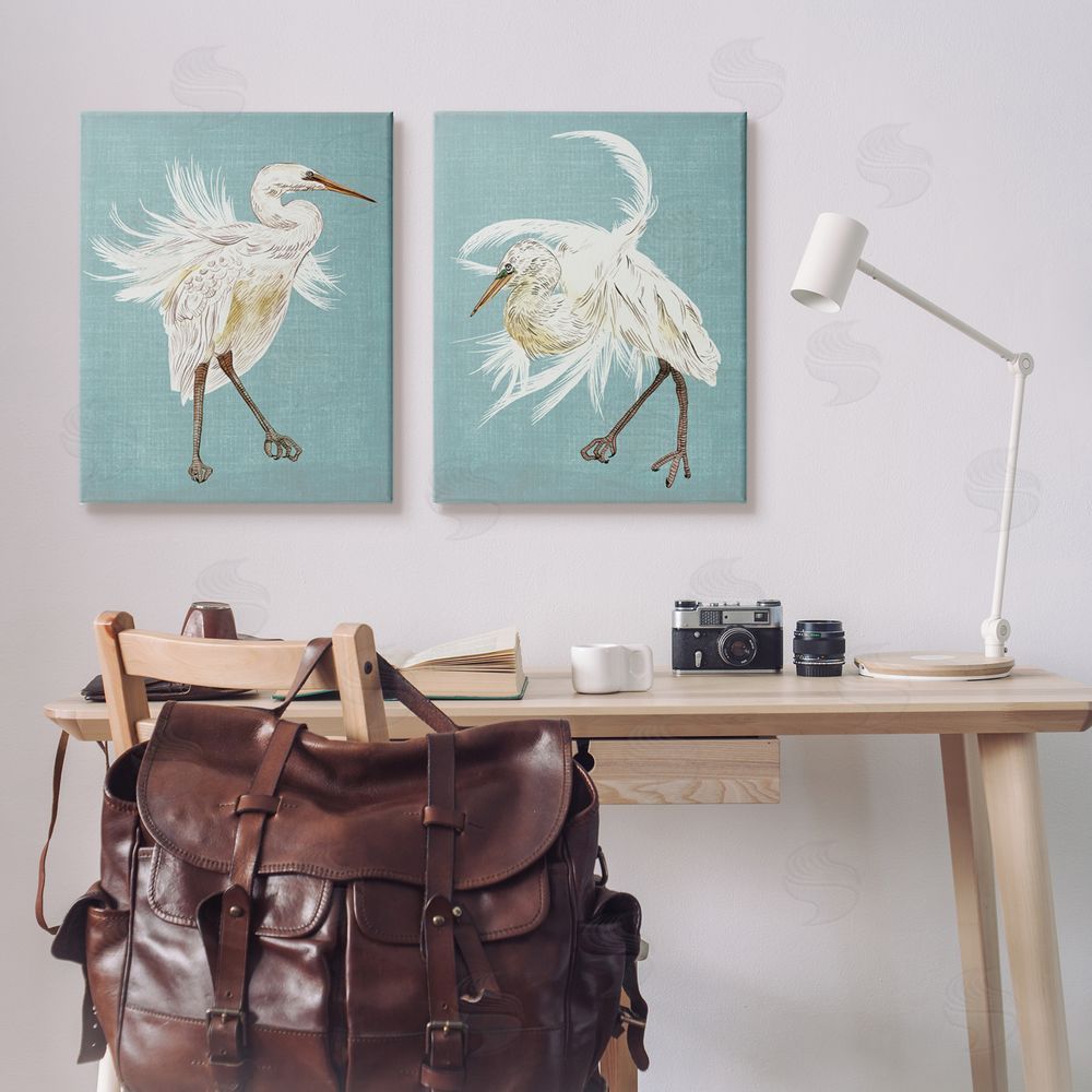 Melissa Wang Dancing Heron Birds White Feathers over Blue Canvas Wall Art Print in Room